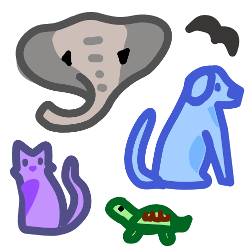 Scattered around an image using dark line art is a light grey elephant head, a black bird or bat in flight, a blue dog and a purple cat in a sitting position, and a green turtle with a brown shell.